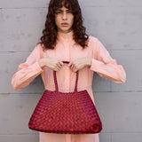 SANTA CROCE LARGE WOVEN TOTE BASKET, RED LEATHER  DRAGON DIFFUSION