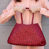 SANTA CROCE LARGE WOVEN TOTE BASKET, RED LEATHER  DRAGON DIFFUSION