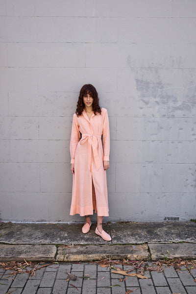 BLOSSOM DRESS, HANDWOVEN COTTON SILK PEACH/WHITE