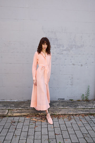 BLOSSOM DRESS, HANDWOVEN COTTON SILK PEACH/WHITE