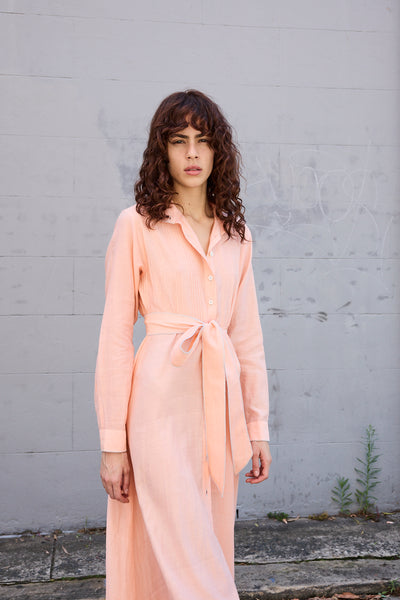 BLOSSOM DRESS, HANDWOVEN COTTON SILK PEACH/WHITE