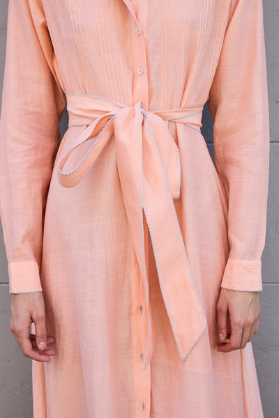 BLOSSOM DRESS, HANDWOVEN COTTON SILK PEACH/WHITE