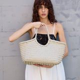 NANTUCKET LARGE WOVEN TOTE BASKET, IVORY LEATHER  DRAGON DIFFUSION