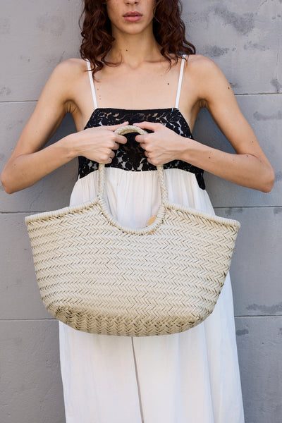 NANTUCKET LARGE WOVEN TOTE BASKET, IVORY LEATHER  DRAGON DIFFUSION