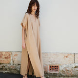 PALM KAFTAN DRESS, TAN COTTON POPLIN
