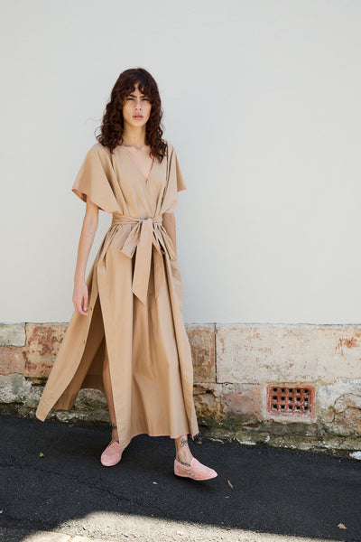 PALM KAFTAN DRESS, TAN COTTON POPLIN