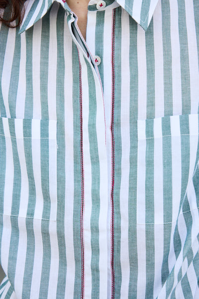 NEEM HAND LOOM SHIRT, GREEN STRIPE COTTON
