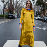 SURYA SWING DRESS, GOLD SILK VELVET PINK/BLUE STRIPE