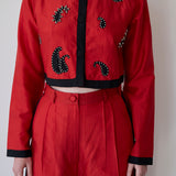 SIVA CROPPED JACKET, RED RAW SILK APPLIQUE
