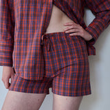 SCARLET SHORTS, CRIMSON RED // ROYAL BLUE CHECK COTTON