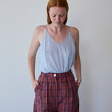 SCARLET PANTS, CRIMSON RED // ROYAL BLUE CHECK COTTON