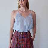 SCARLET PANTS, CRIMSON RED // ROYAL BLUE CHECK COTTON