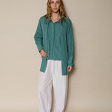 LILY SHIRT, GREEN STRIPE HANDLOOM COTTON