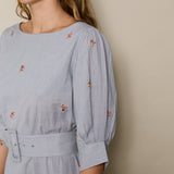 BOUQUET DRESS, GREY CHECK EMBROIDERY COTTON