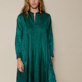 MIRAJ DRESS, EMERALD GREEN SILK JAMDANI