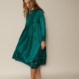 MIRAJ DRESS, EMERALD GREEN SILK JAMDANI