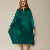 MIRAJ DRESS, EMERALD GREEN SILK JAMDANI