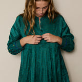 MIRAJ DRESS, EMERALD GREEN SILK JAMDANI