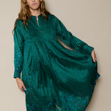 MIRAJ DRESS, EMERALD GREEN SILK JAMDANI