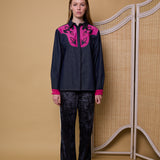 DYNASTY SHIRT, DENIM/PINK COTTON APPLIQUE