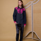 DYNASTY SHIRT, DENIM/PINK COTTON APPLIQUE