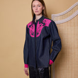 DYNASTY SHIRT, DENIM/PINK COTTON APPLIQUE
