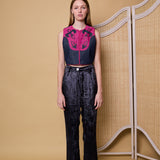 DYNASTY VEST, DENIM/FUCHSIA COTTON APPLIQUE