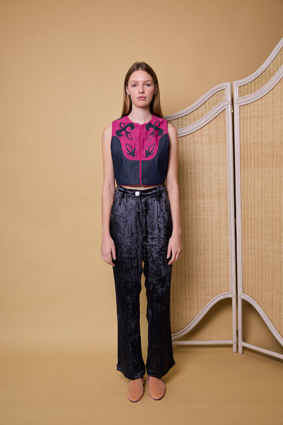 DYNASTY VEST, DENIM/FUCHSIA COTTON APPLIQUE