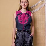DYNASTY VEST, DENIM/FUCHSIA COTTON APPLIQUE