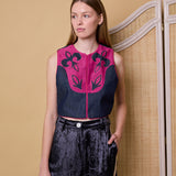 DYNASTY VEST, DENIM/FUCHSIA COTTON APPLIQUE