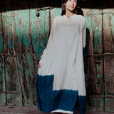 COLOR BLOCK DRESS, INDIGO//IVORY COTTON SILK