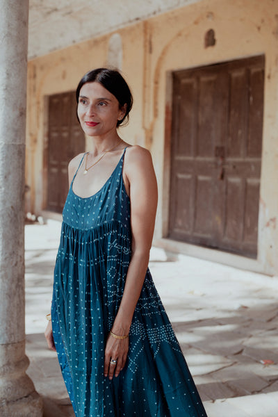 SKY SLIP DRESS, TIE&DYE INDIGO SILK