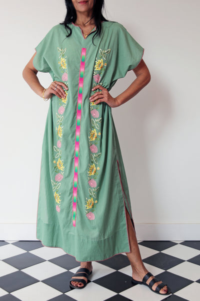 PREMA TUNIC DRESS, FLORAL EMBROIDERY GREEN/PINK