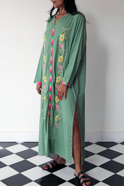 PREMA TUNIC DRESS LONG, FLORAL EMBROIDERY GREEN/PINK