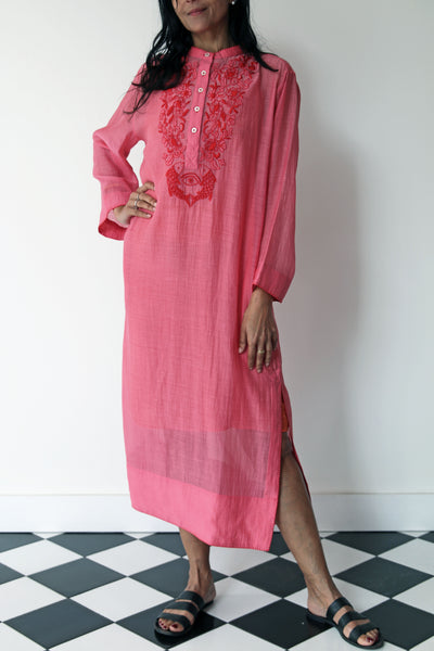 LUCKNOW SHEER EMBROIDERY DRESS, PINK SILK