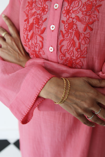 LUCKNOW SHEER EMBROIDERY DRESS, PINK SILK