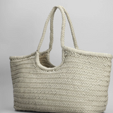 NANTUCKET LARGE WOVEN TOTE BASKET, IVORY LEATHER  DRAGON DIFFUSION