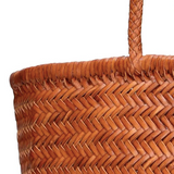 TRIPLE JUMP LARGE WOVEN TOTE BASKET, TAN BROWN LEATHER  DRAGON DIFFUSION