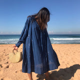 NECK TIE COTTON DRESS, BLUE - SAAKI