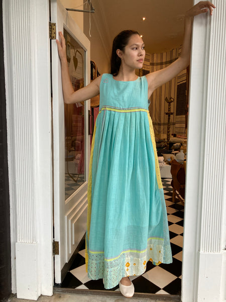 SLEEVELESS MAXI DRESS, BLUE / YELLOW COTTON SILK