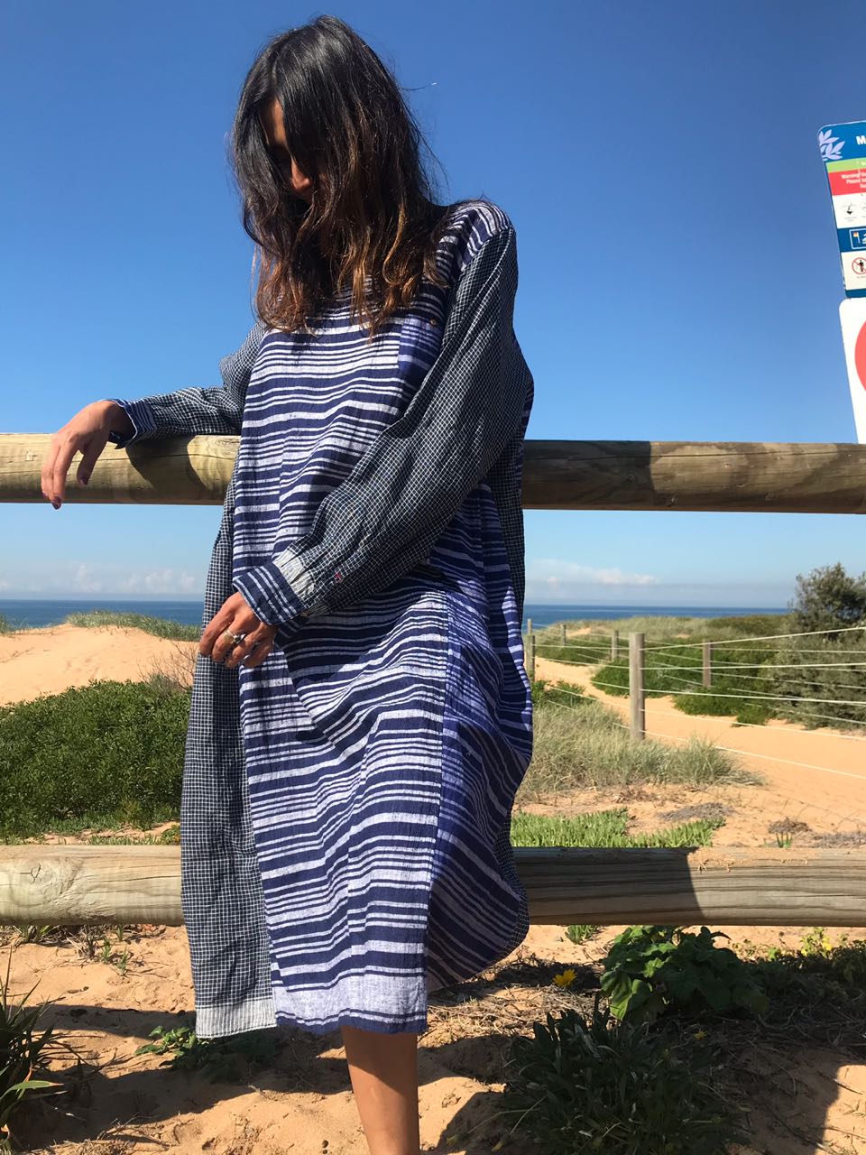STRIPED LINEN SUMMER DRESS, BLUE - SAAKI