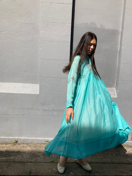 MAXI SHIRT DRESS, BLUE COTTON SILK