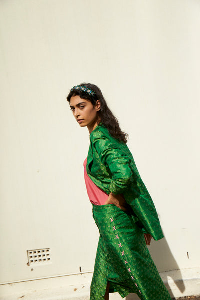 SURYA SKIRT, GREEN SILK BROCADE