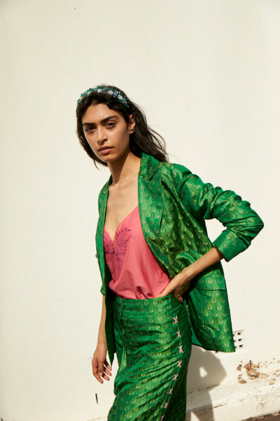 SURYA BLAZER, GREEN SILK BROCADE