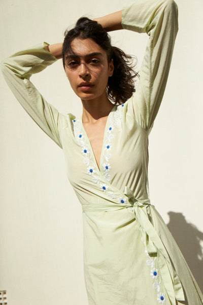 DAISY WRAP DRESS, MINT GREEN / EMBROIDERY