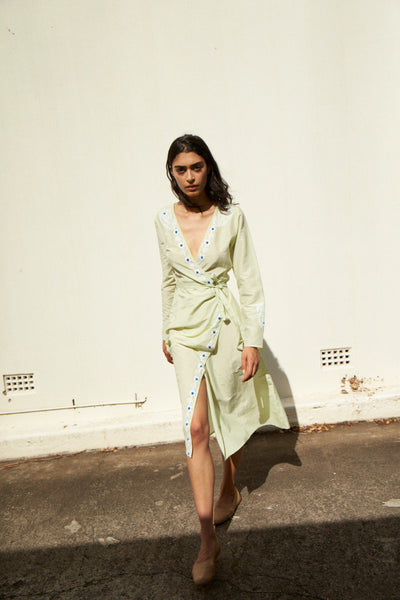 DAISY WRAP DRESS, MINT GREEN / EMBROIDERY