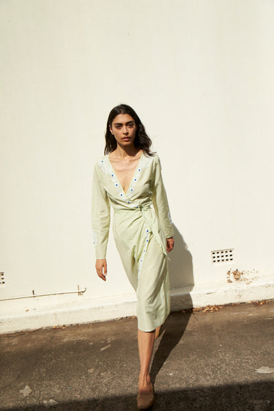 DAISY WRAP DRESS, MINT GREEN / EMBROIDERY