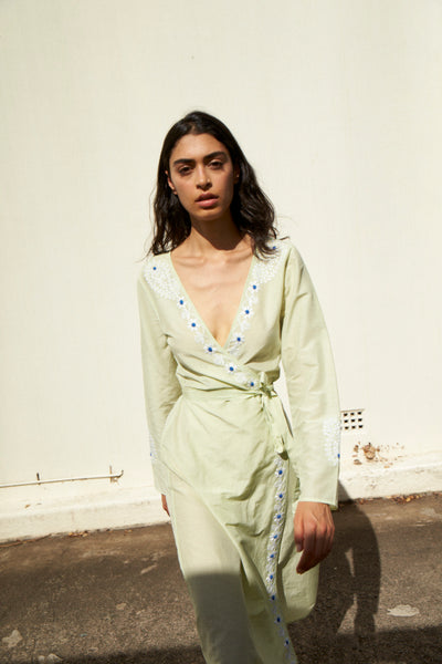 DAISY WRAP DRESS, MINT GREEN / EMBROIDERY