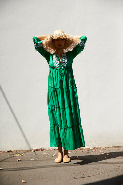 NILA DRESS, GREEN COTTON HAND EMBROIDERY