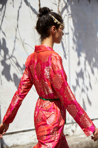 ROSA JUMPSUIT, FUCHSIA SILK BROCADE